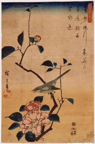 Camellia and Bush Warbler by Utagawa Hiroshige